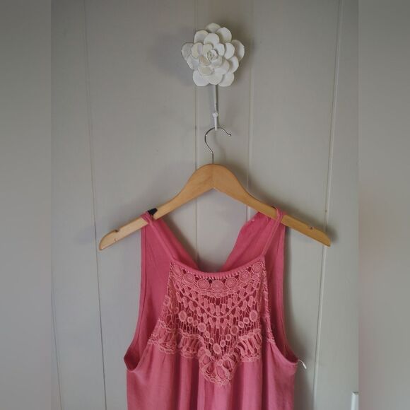 Faroro Pink Salmon Haltar Maxi Dress Macrame Crochet Neckline Large - Picture 3 of 6